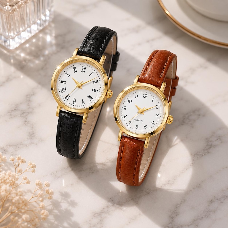 May include: Two gold-toned wristwatches with white faces and Roman numeral hour markers. One watch has a black leather band, the other a brown leather band. Both watches have gold hands and a quartz movement.