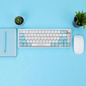 Puede incluir: Un teclado mec&aacute;nico blanco y azul con un dise&ntilde;o de dibujos animados, rodeado de un cuaderno, un bol&iacute;grafo, un rat&oacute;n y plantas en macetas, todo sobre una superficie azul claro. El teclado tiene una perilla dorada y teclas azules.