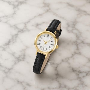 May include: A gold-tone wristwatch with a white face and black leather band. The watch features Roman numeral hour markers and gold hands. The watch band is approximately 0.5 inches wide.