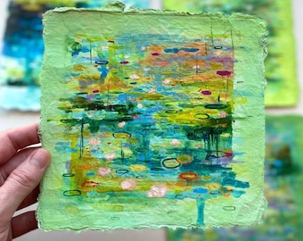 Miniature Abstract Painting Original, Abstract Acrylic on Paper, Acrylic Hand Made Office Wall Art Green, Title: "Turquoise Waters II"