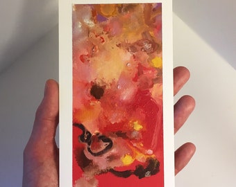 ミニチュア抽象画オリジナル、紙に描いた抽象油絵、手描き油絵、オフィス寝室の壁アート 赤、タイトル:「ヴィーナス シリーズ #2」