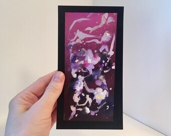 Miniature Abstract Painting Original, Abstract Oil on Paper, Oil Hand Painting, Office Wall Art Pink, Black, Gold, Title:"Hot Pink Space"