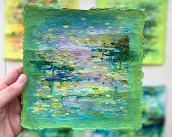 Miniature Monet Style Original Mini Painting, Abstract Acrylic on Paper, Hand Made, Nursery, Wall Art, Green, Title: "Lily Reflections""