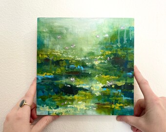 Small Monet Style, Water Lily Original Painting, Oil on Wooden Panel, Hand Painted, Nursery, Green Wall Art, Title: "Water Lilies #4"