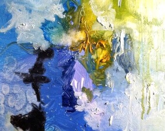 Abstract Painting Original, Abstract Oil on Paper, Oil Hand Painting, Office, Bedroom Wall Art Blue, White, Title: "Underwater"