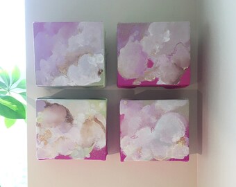 Miniature Abstract Paintings Original, Abstract Oil on Canvas Set, Oil Hand Made, Bedroom Wall Art Set, Clouds, Pink, Title: "Gold Lining"
