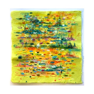 May include: Abstract painting on a yellow background with a variety of colors and shapes, including circles, dots, and lines.