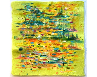Miniature Abstract Painting Original, yellow, Monet, Acrylic on Paper, Acrylic Hand Made, original Wall Art , Title: "Lily Reflections""