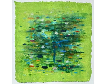 Miniature Abstract Painting Original, Abstract Acrylic on Paper, Acrylic Hand Made Office Wall Art Green, Title: "Emerald Pond"