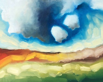 Abstract Painting Original, Abstract Oil on Wooden Panel, Oil Hand Painting, Home Wall Art, Title: "Two Lone Clouds"