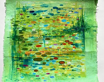 Green Monet Style Original Painting on Japanese paper, Acrylic on Paper, Acrylic, Hand Made, Nursery, Wall Art, Title: "Turquoise Waters I"