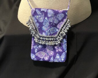 Purple Beaded Butterfly Fabric Cell Phone Bag