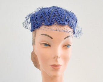 1950s Blue Cord and Sequin Chevron Hat with Veil