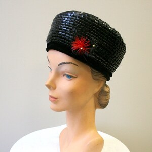 1960s Mr. Almo Black Straw Hat with Feather Flowers