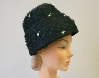 1960s Black Tulle Beehive Hat with Tiny White Flowers