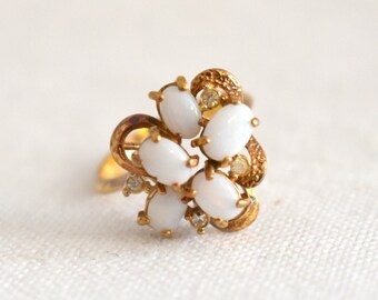 1970s Sarah Coventry Milk Glass and Rhinestone 18K HGE Ring, Size 7