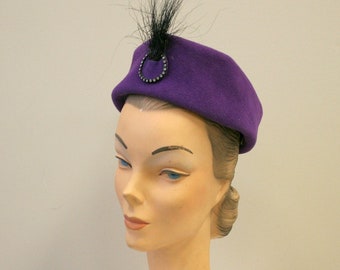 1960s Betmar Purple Hat with Black Feathers