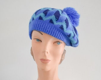 1980s Blue Geometric Sweater Knit Tam