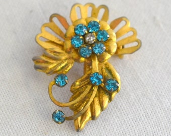 1940s/50s Aqua Rhinestone and Gold Flower Brooch