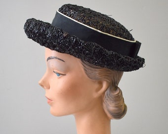 1960s Shiny Black Straw Hat with Ribbon Band