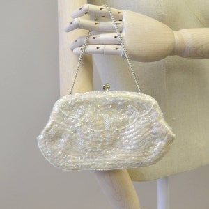La Regale Ltd. Evening Bag, Hand Beaded, White Pearlescent with Rope C