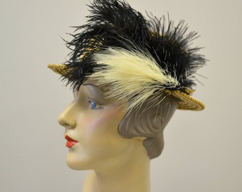 Vintage Straw Hat with Black and White Feathers