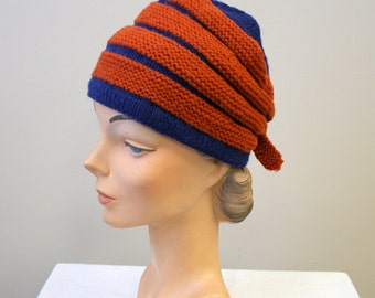 1940s Navy and Orange-Red Striped Wool Knit Hat