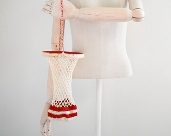 Vintage Red and Cream Crochet Basket Bag