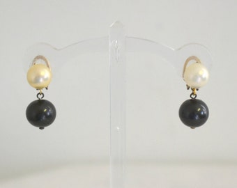 Vintage Faux Pearl and Black Bead Dangle Clip Earrings