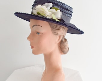 1960s Navy Straw Hat with White Flower