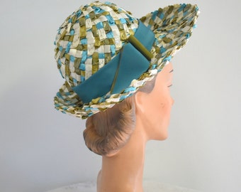 1960s Mr. John Jr. Blue, Green, and White Straw Halo Hat