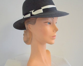 1970s Black Straw Fedora with Black and White Band