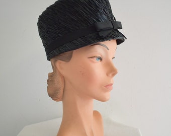 1960s Shiny Black Raffia Hat