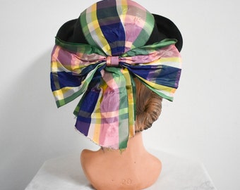 1940s Black Straw Hat with Plaid Taffeta Ribbon and Bow