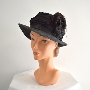 Antique Black Straw and Satin Hat with Black Feather