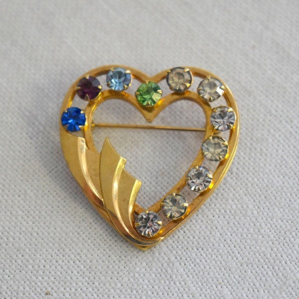 1960s Catamore 12K Gold Filled Rhinestone Heart Brooch