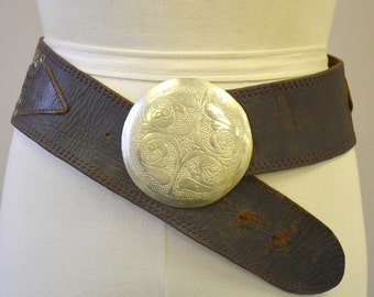 1970s Moroccan Leather Belt with Round Silver Buckle