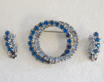 1950s Blue Rhinestone Circles Brooch and Clip Earrings Set