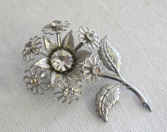 1960s Silver and Rhinestone Flower Brooch