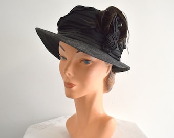 Antique Black Straw and Satin Hat with Black Feather