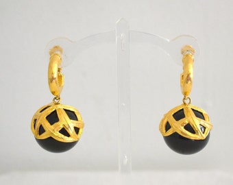 Vintage Monet Large Black and Gold Ball Dangle Clip Earrings