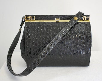 1950s Black Faux Alligator Patent Vinyl Handbag