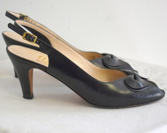 1970s/80s Salvatore Ferragamo Black Leather Peep Toe Slingback Heels with Bows
