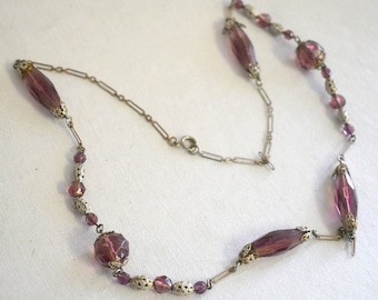 1920s Purple Glass Bead and Silver Chain Necklace