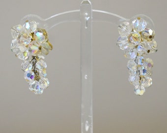 1960s AB Crystal Bead Cluster Dangle Clip Earrings