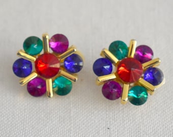 1980s Multi-Colored Rhinestone Clip Earrings