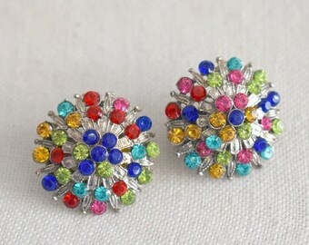 1960s Multi Color Rhinestone Clip Earrings