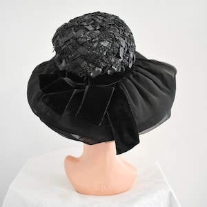 1960s Black Straw and Organza Wide Brim Hat