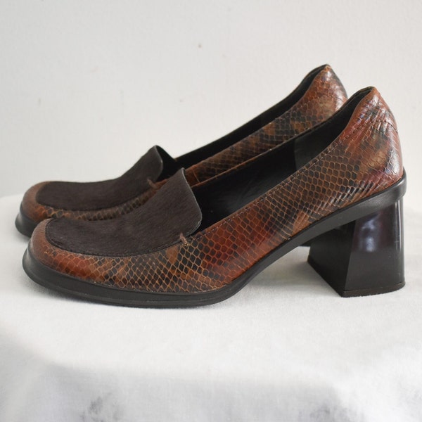 1990s Enzo Angiolini Faux Snakeskin Chunky Heeled Loafers, Size 7.5 M