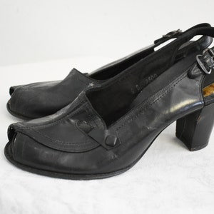 1940s Black Leather Peep Toe Heels, Size 6B